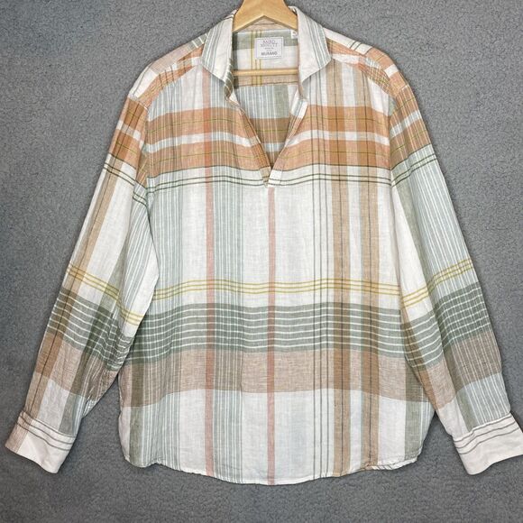 Baird McNutt Murano 100% Linen Plaid Collar Relaxed Pullover LS Shirt Size XL - Picture 1 of 10